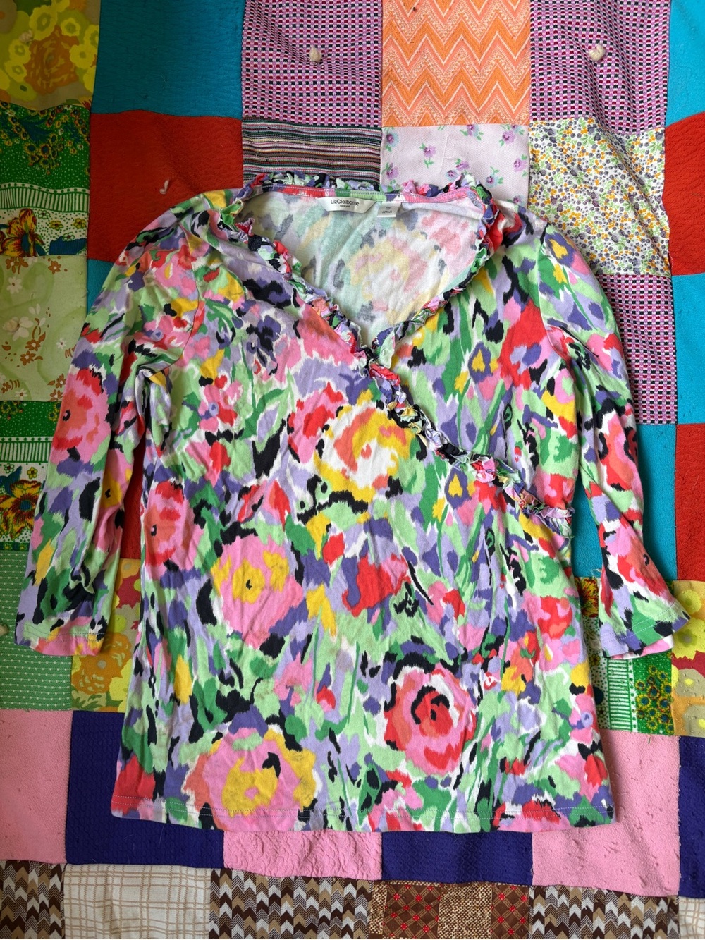Liz Claiborne Multicolor Floral Wrap-Style Blouse